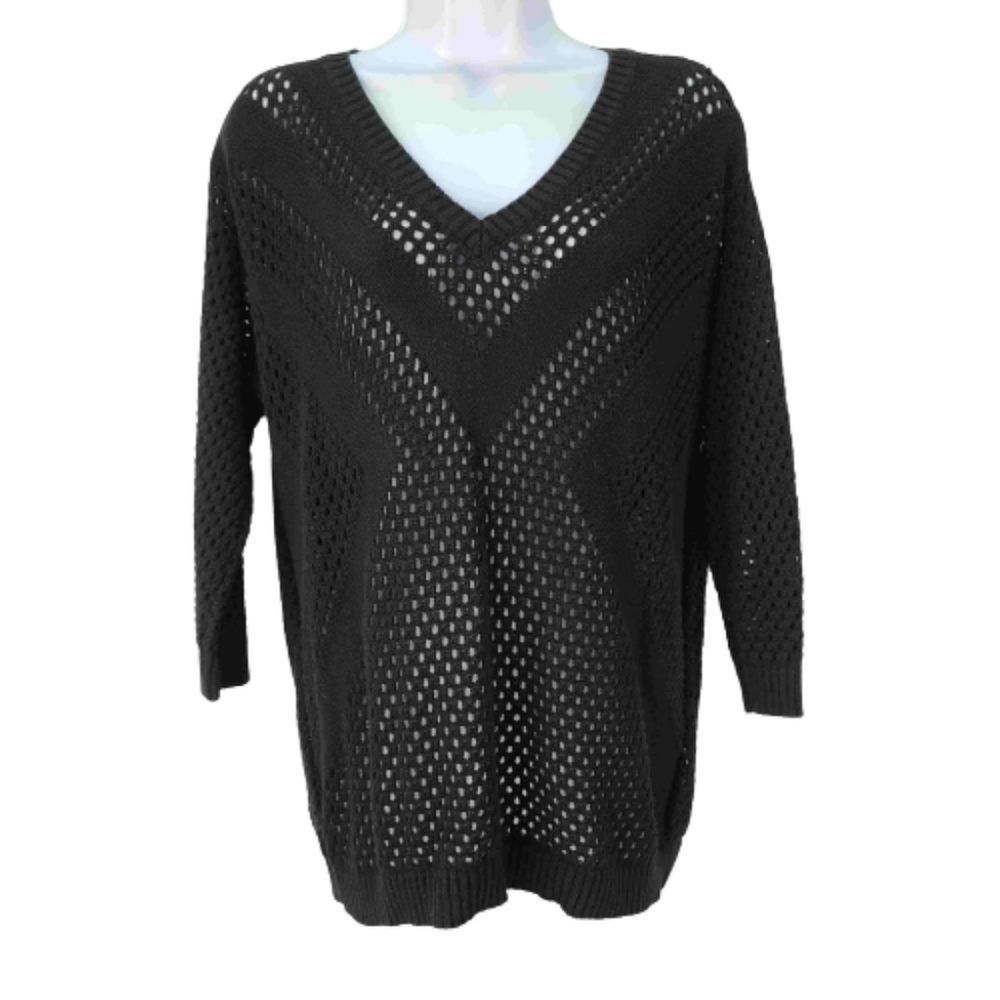 Two by Vince Camuto Medium Pullover Sweater Black Cable Knit 3/4 Sleeve V-Neck